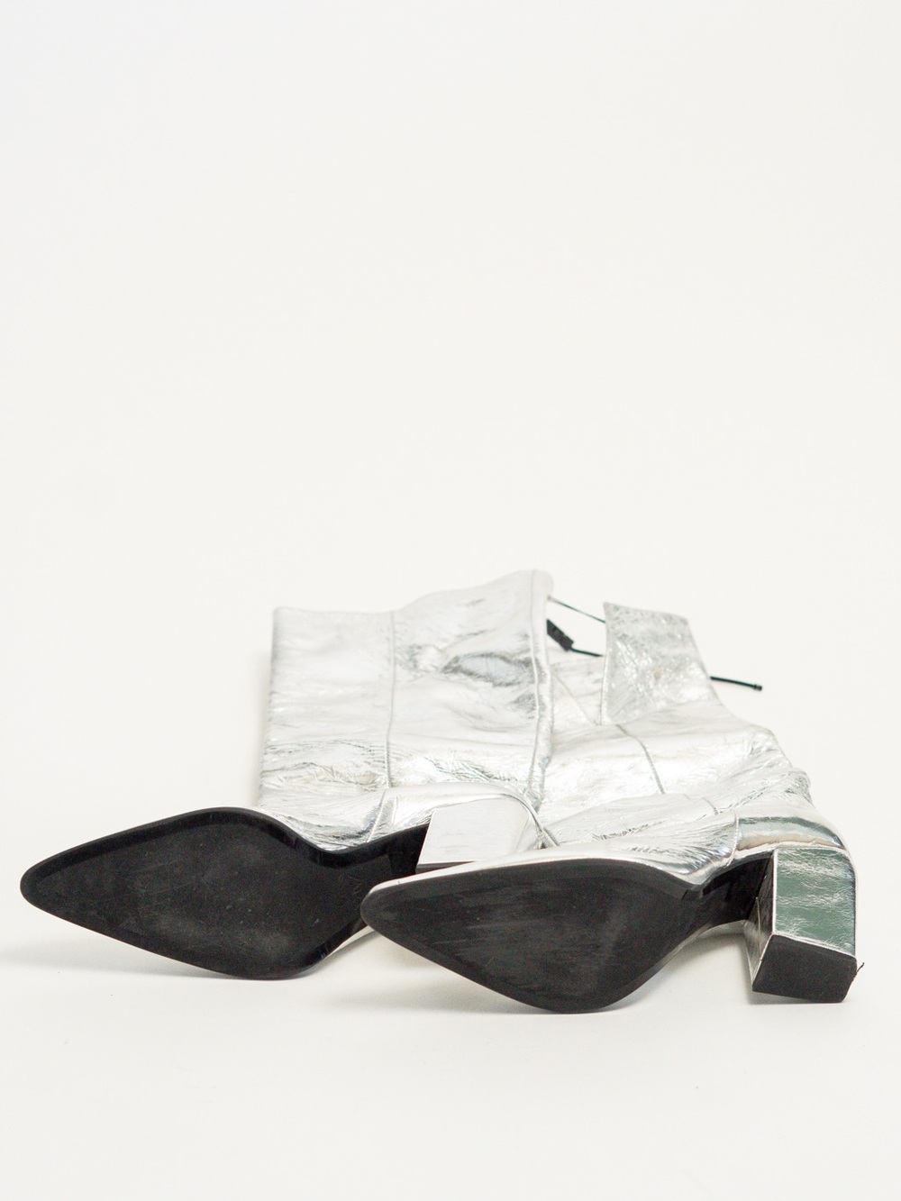 Zara Silver Metallic Pointed-Toe Block Heel Boots